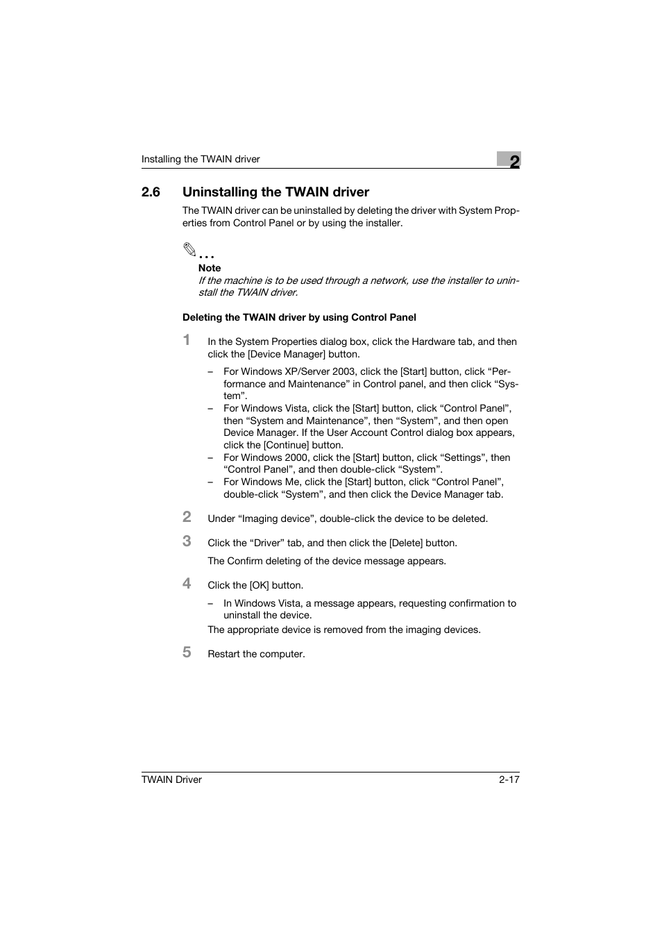 6 uninstalling the twain driver, Deleting the twain driver by using control panel, Uninstalling the twain driver -17 | Konica Minolta TWIN Driver User Manual | Page 28 / 50