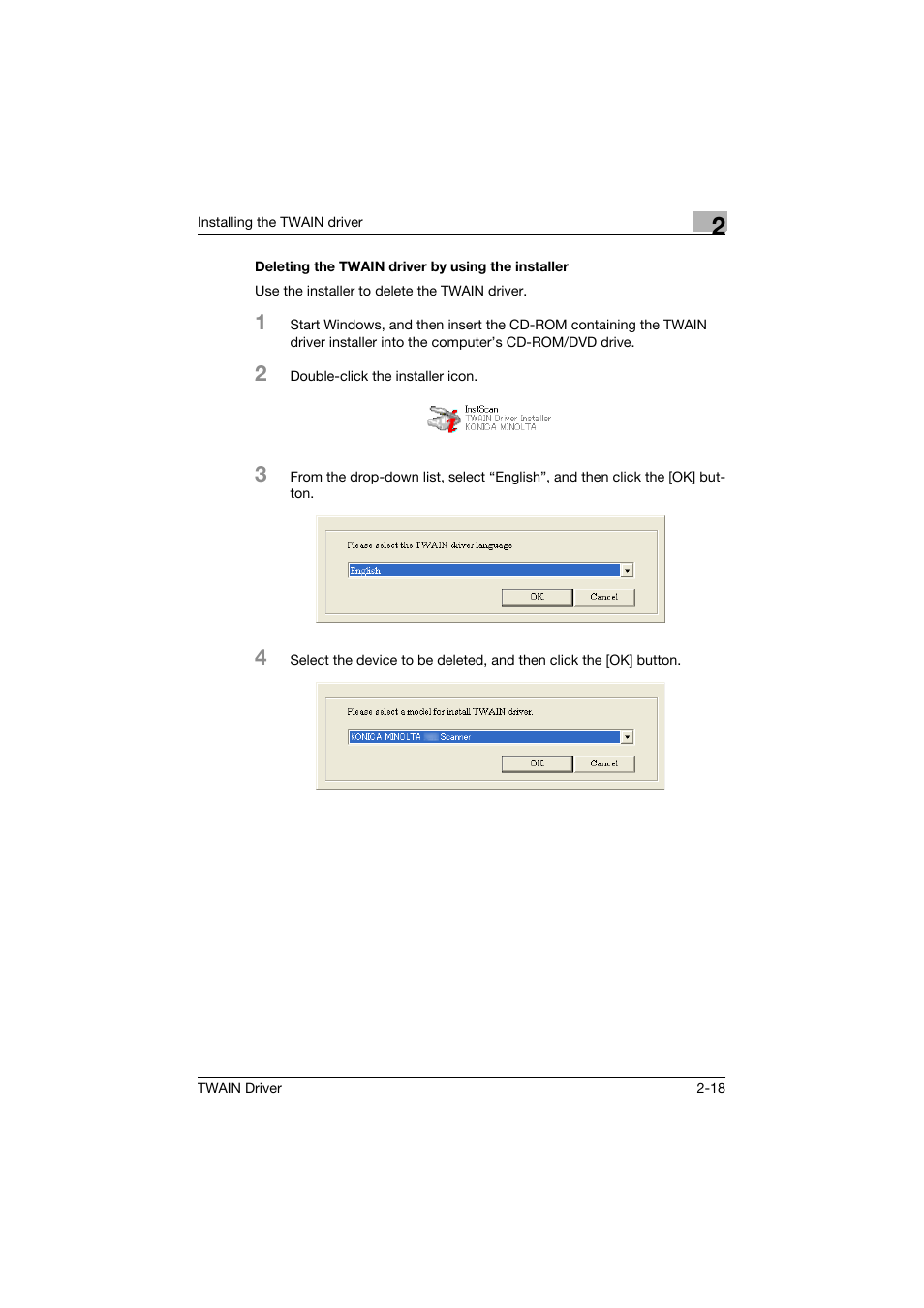 Deleting the twain driver by using the installer | Konica Minolta TWIN Driver User Manual | Page 29 / 50