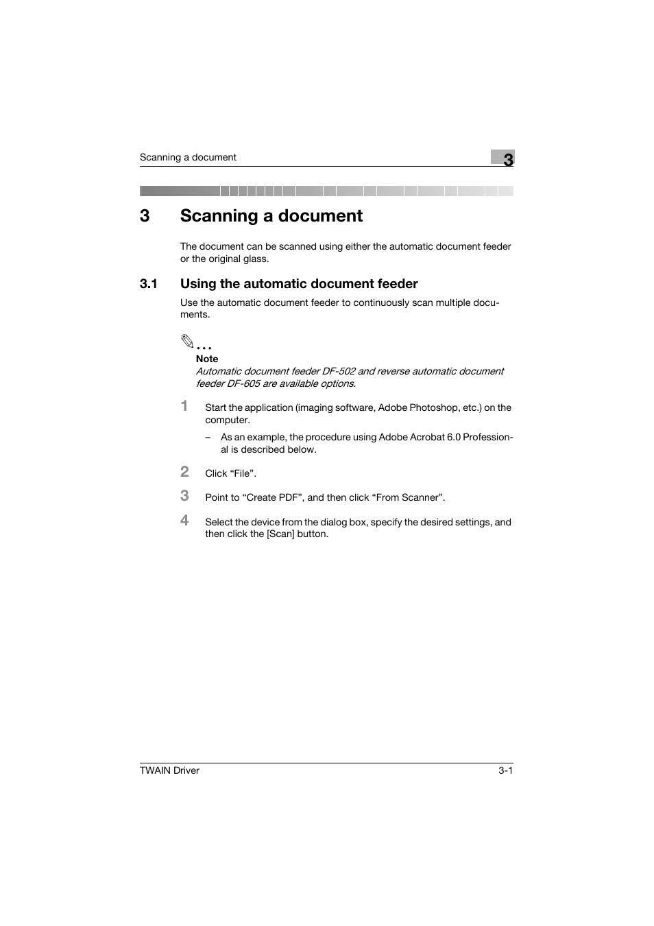 3 scanning a document, 1 using the automatic document feeder, Scanning a document | Using the automatic document feeder -1, 3scanning a document | Konica Minolta TWIN Driver User Manual | Page 32 / 50