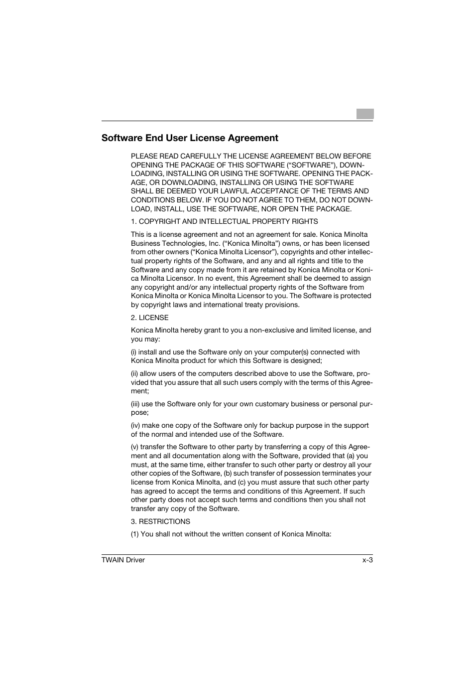 Software end user license agreement | Konica Minolta TWIN Driver User Manual | Page 4 / 50