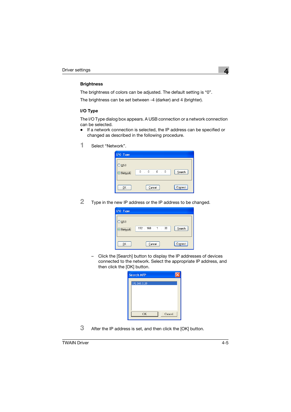 Brightness, I/o type, Brightness -5 i/o type -5 | Konica Minolta TWIN Driver User Manual | Page 40 / 50