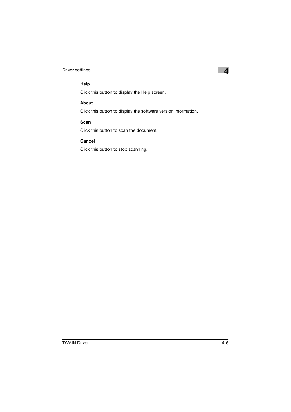 Help, About, Scan | Cancel, Help -6 about -6 scan -6 cancel -6 | Konica Minolta TWIN Driver User Manual | Page 41 / 50