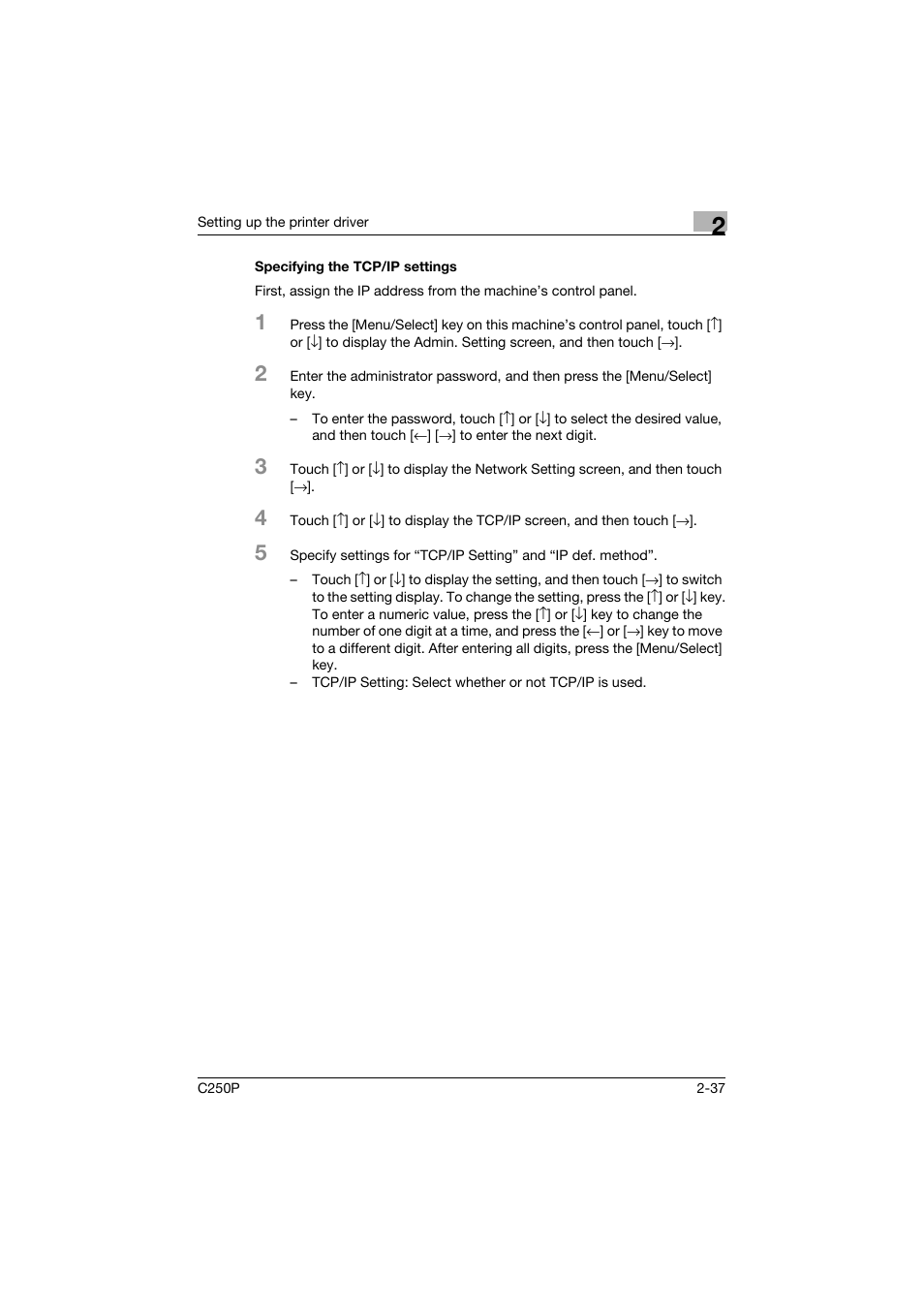 Specifying the tcp/ip settings, Specifying the tcp/ip settings -37 | Konica Minolta C250P User Manual | Page 100 / 498