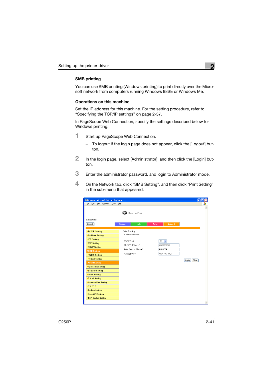 Smb printing, Operations on this machine, Smb printing -41 operations on this machine -41 | Konica Minolta C250P User Manual | Page 104 / 498
