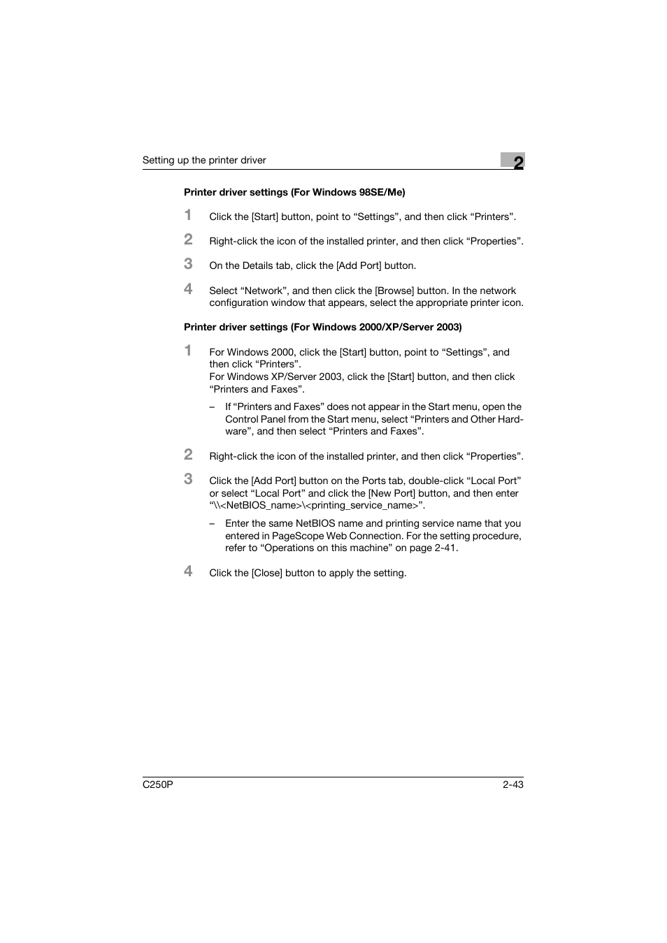 Printer driver settings (for windows 98se/me) | Konica Minolta C250P User Manual | Page 106 / 498