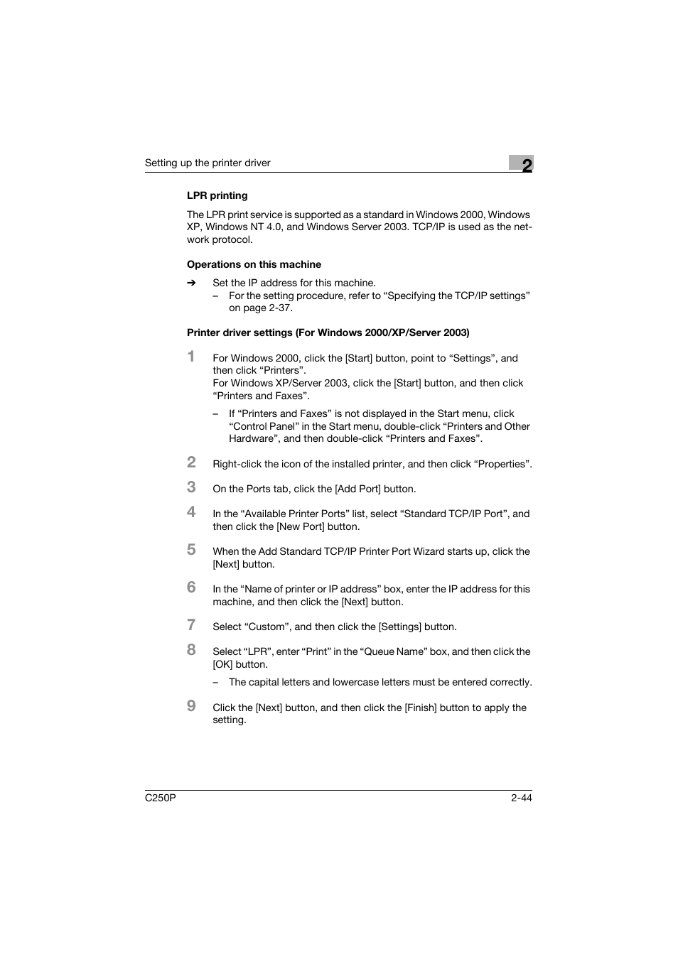 Lpr printing, Operations on this machine | Konica Minolta C250P User Manual | Page 107 / 498