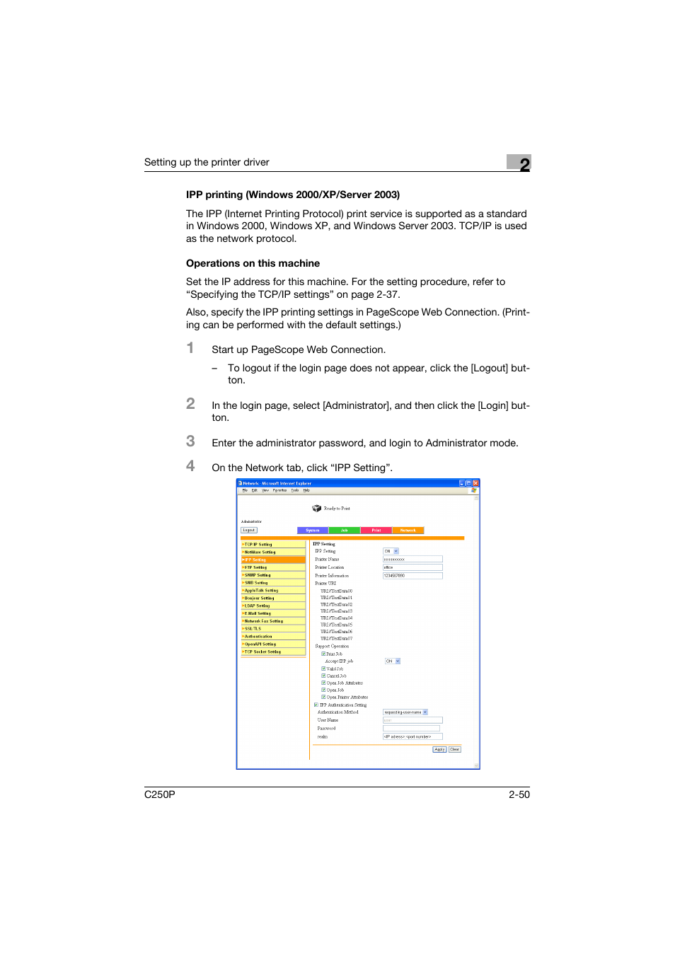Ipp printing (windows 2000/xp/server 2003), Operations on this machine | Konica Minolta C250P User Manual | Page 113 / 498