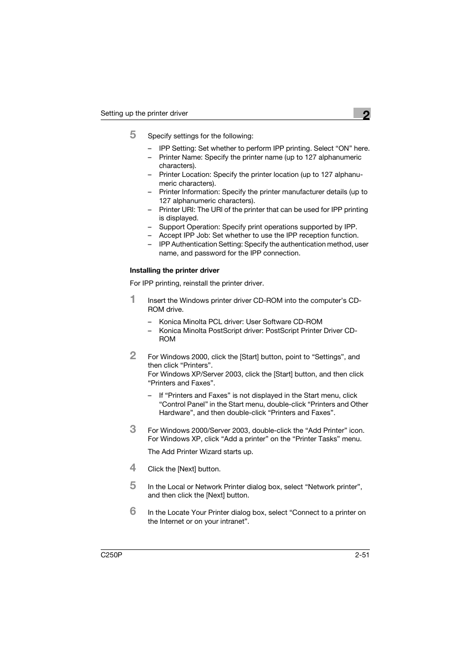 Installing the printer driver, Installing the printer driver -51 | Konica Minolta C250P User Manual | Page 114 / 498