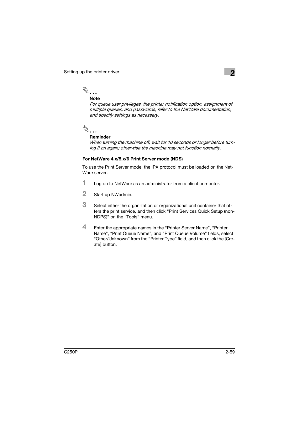 For netware 4.x/5.x/6 print server mode (nds), For netware 4.x/5.x/6 print server mode (nds) -59 | Konica Minolta C250P User Manual | Page 122 / 498