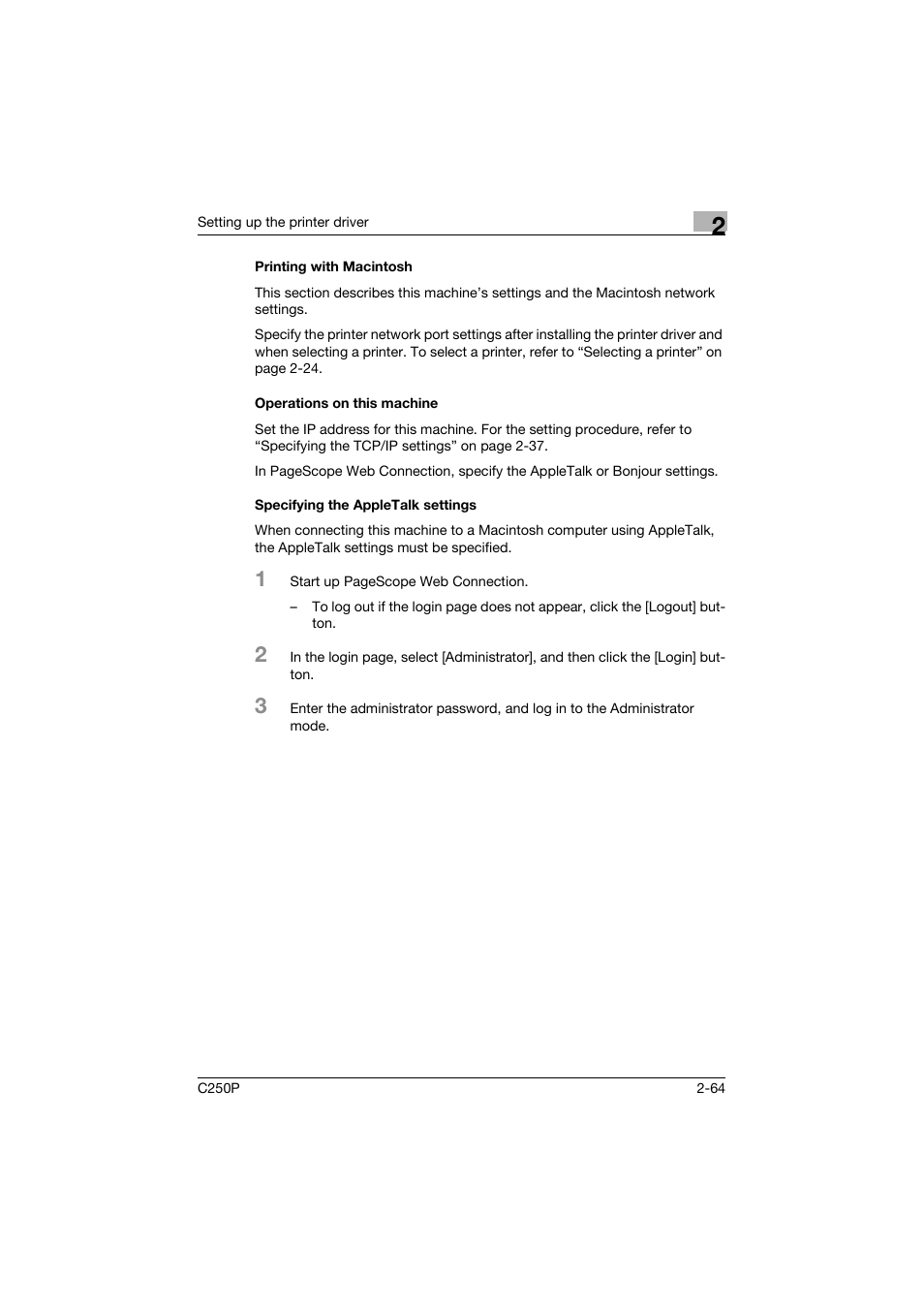 Printing with macintosh, Operations on this machine, Specifying the appletalk settings | Konica Minolta C250P User Manual | Page 127 / 498