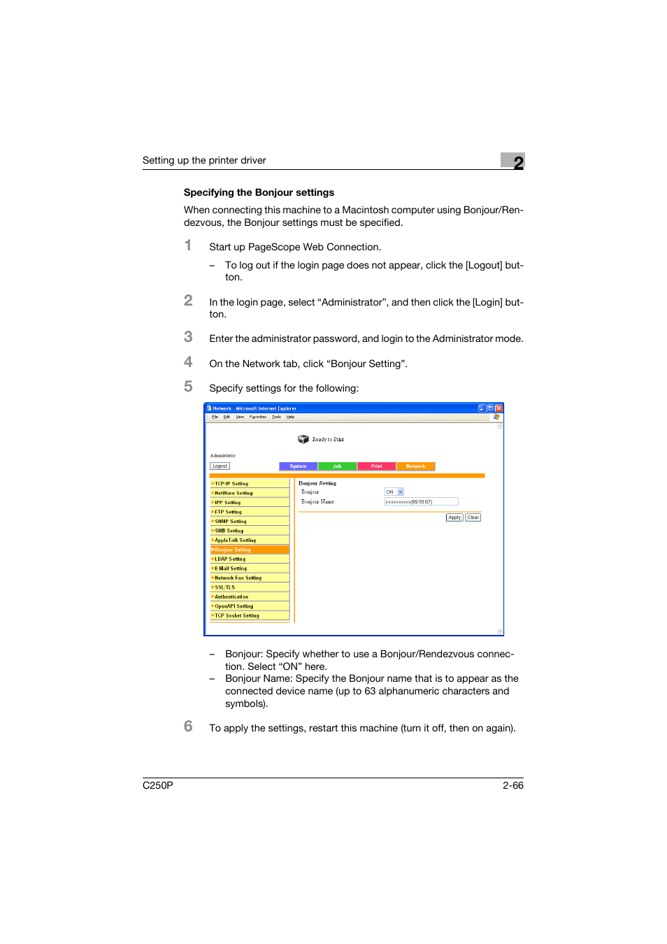 Specifying the bonjour settings, Specifying the bonjour settings -66 | Konica Minolta C250P User Manual | Page 129 / 498