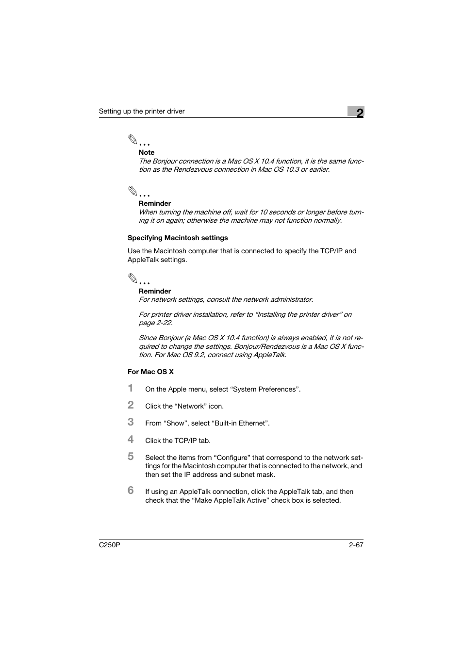 Specifying macintosh settings, For mac os x, Specifying macintosh settings -67 for mac os x -67 | Konica Minolta C250P User Manual | Page 130 / 498