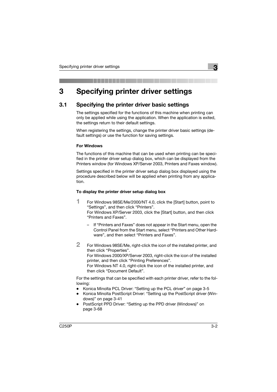 3 specifying printer driver settings, 1 specifying the printer driver basic settings, For windows | To display the printer driver setup dialog box, Specifying printer driver settings, Specifying the printer driver basic settings -2, 3specifying printer driver settings | Konica Minolta C250P User Manual | Page 135 / 498