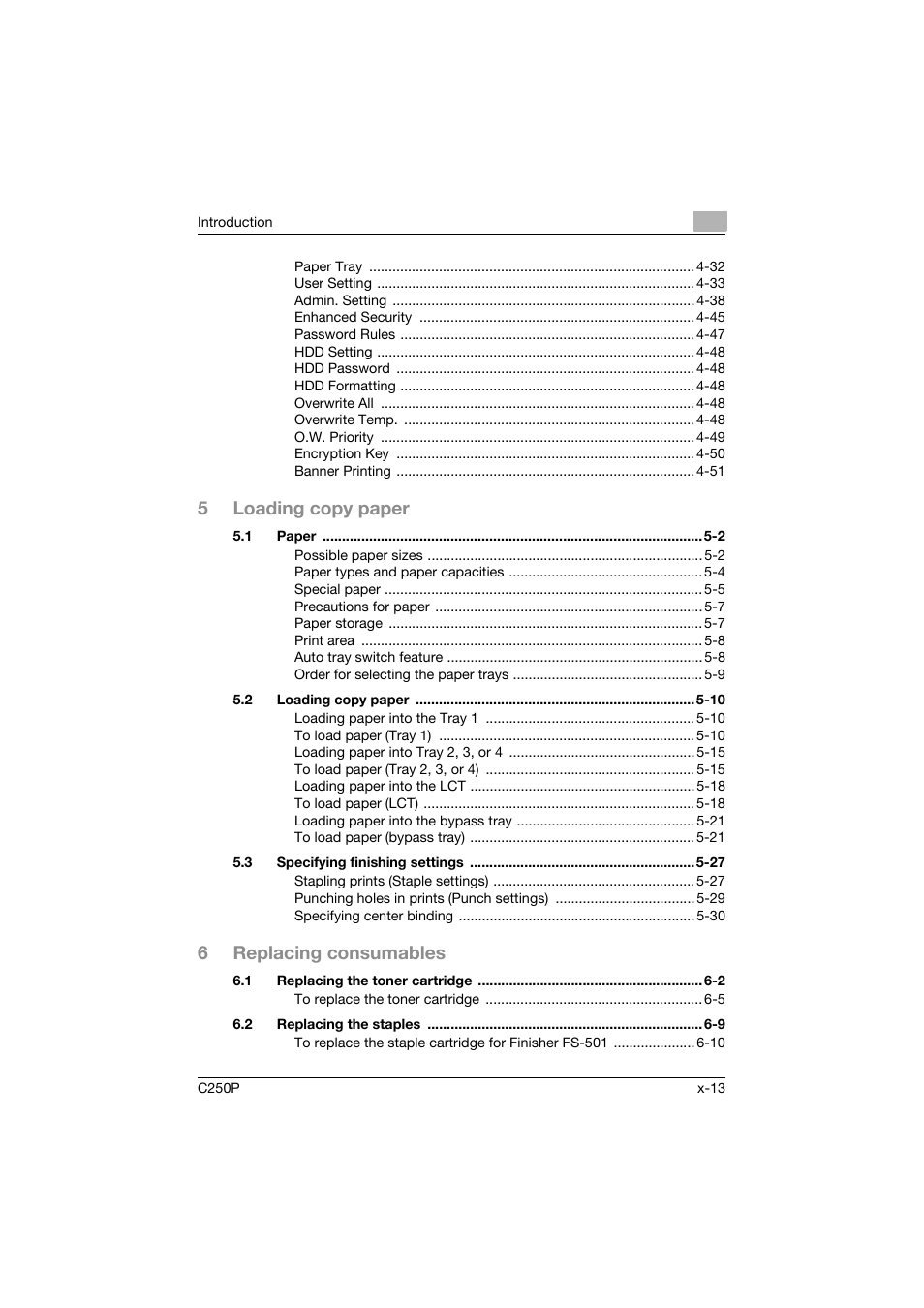 5loading copy paper, 6replacing consumables | Konica Minolta C250P User Manual | Page 14 / 498