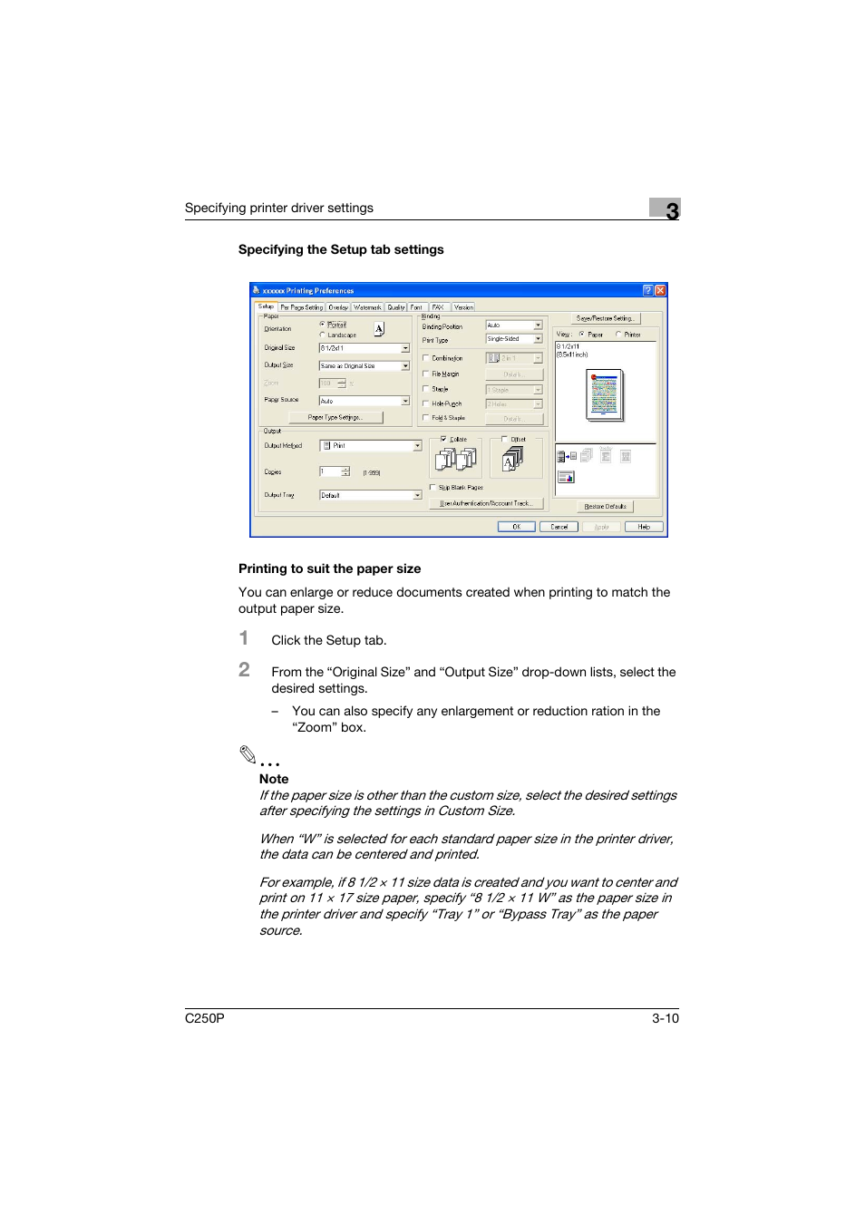 Specifying the setup tab settings, Printing to suit the paper size | Konica Minolta C250P User Manual | Page 143 / 498