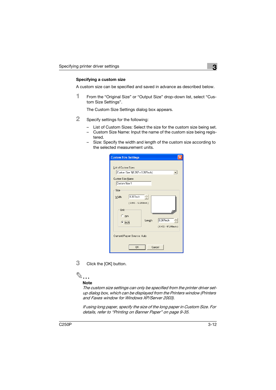Specifying a custom size, Specifying a custom size -12 | Konica Minolta C250P User Manual | Page 145 / 498