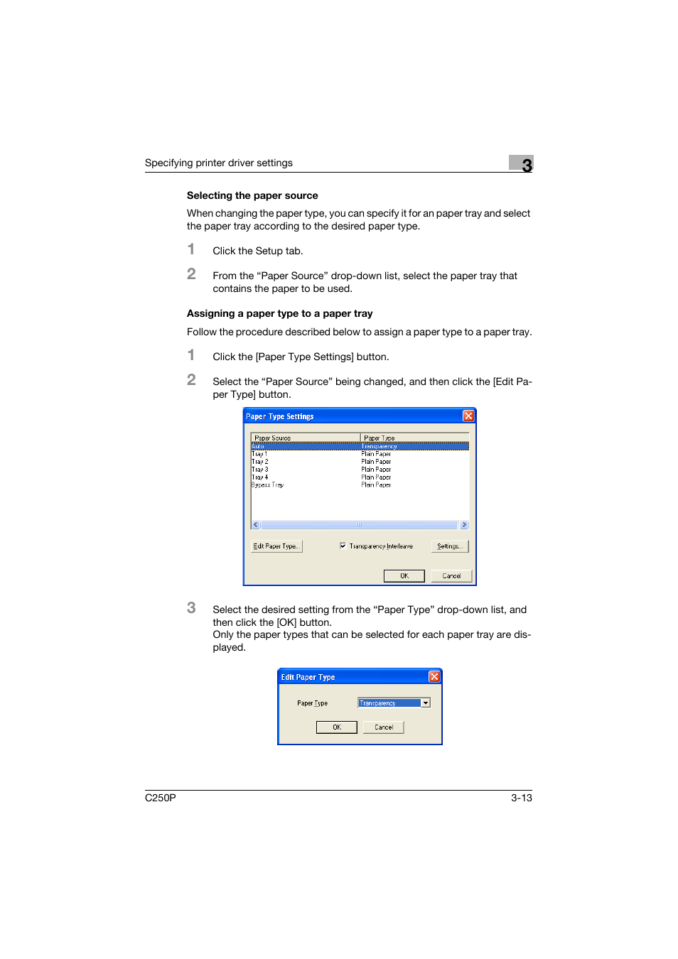 Selecting the paper source, Assigning a paper type to a paper tray | Konica Minolta C250P User Manual | Page 146 / 498