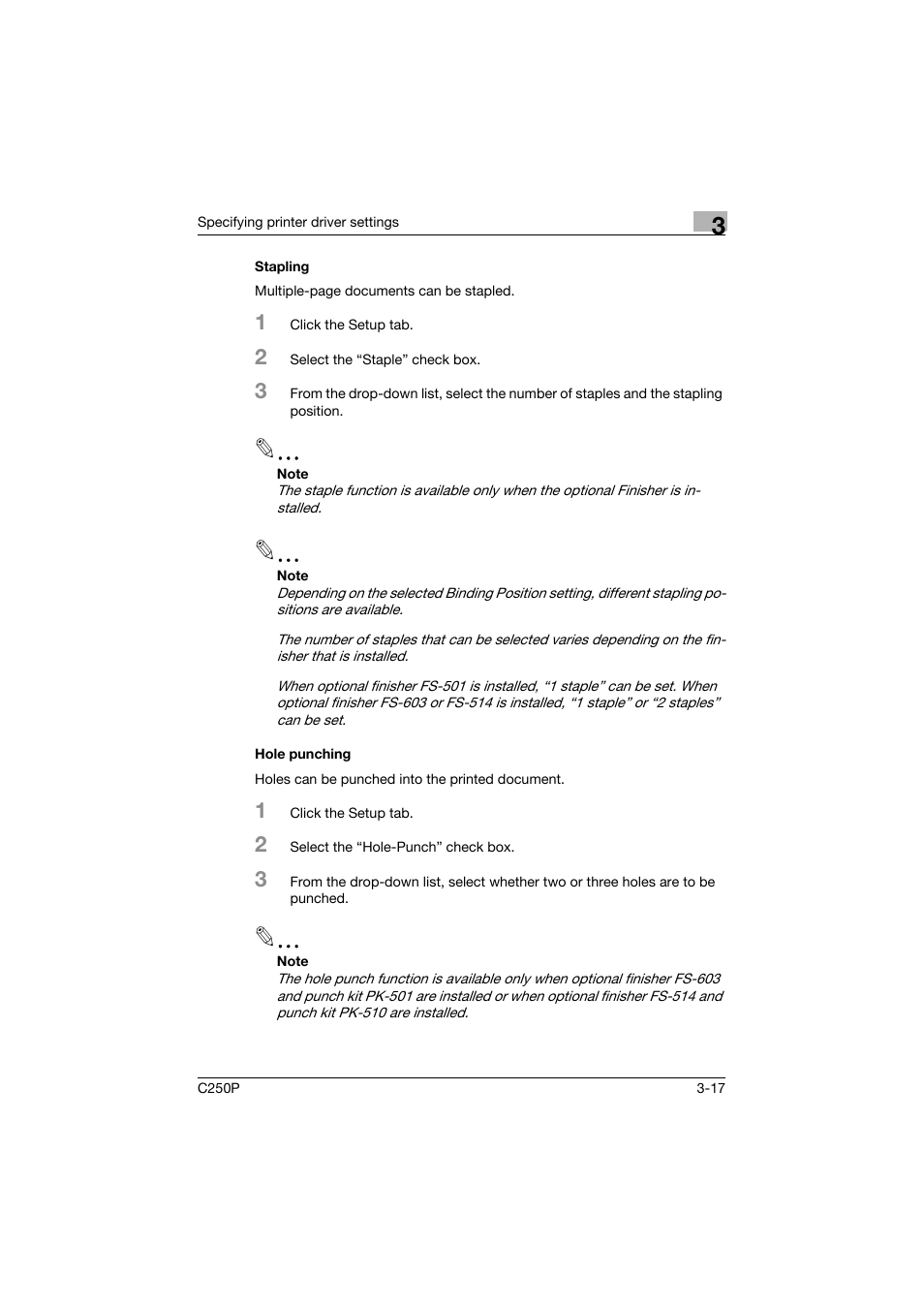 Stapling, Hole punching, Stapling -17 hole punching -17 | Konica Minolta C250P User Manual | Page 150 / 498