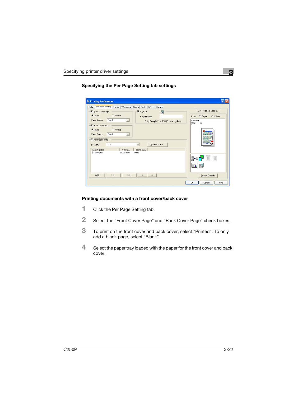 Printing documents with a front cover/back cover | Konica Minolta C250P User Manual | Page 155 / 498