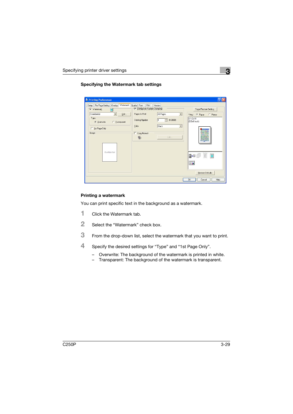 Specifying the watermark tab settings, Printing a watermark | Konica Minolta C250P User Manual | Page 162 / 498