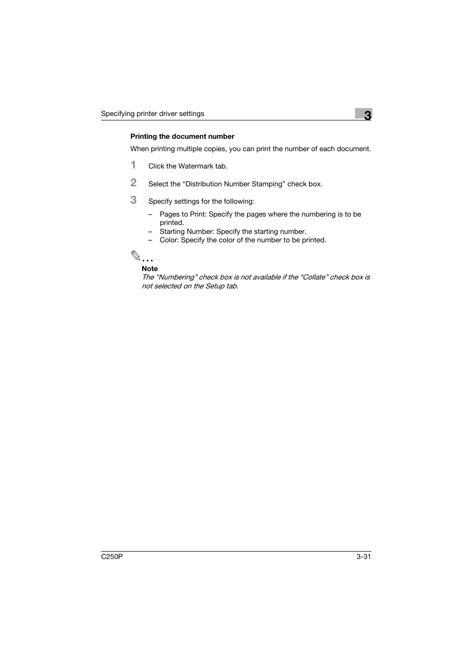 Printing the document number, Printing the document number -31 | Konica Minolta C250P User Manual | Page 164 / 498