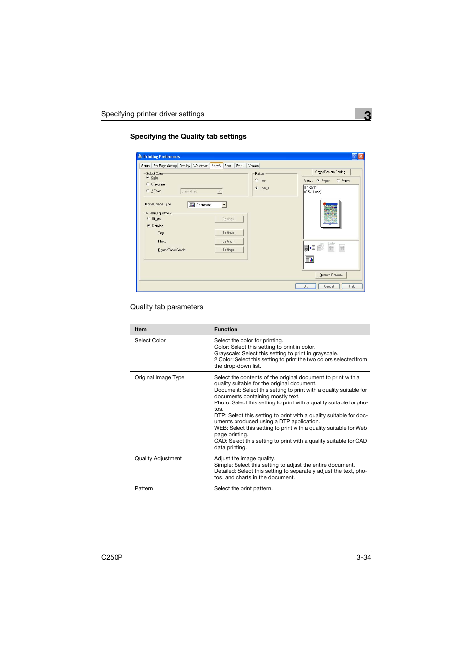 Specifying the quality tab settings, Specifying the quality tab settings -34 | Konica Minolta C250P User Manual | Page 167 / 498