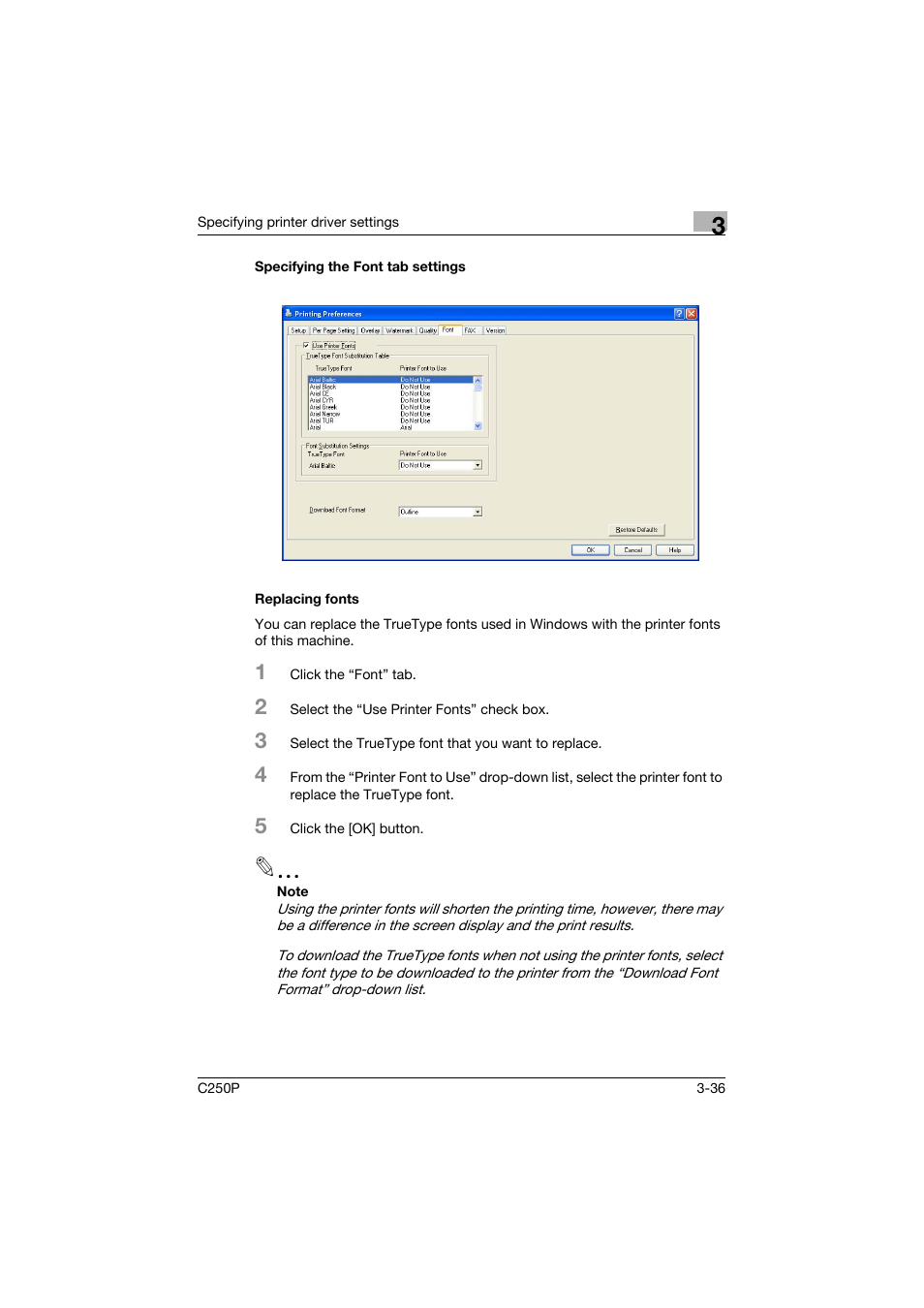 Specifying the font tab settings, Replacing fonts | Konica Minolta C250P User Manual | Page 169 / 498