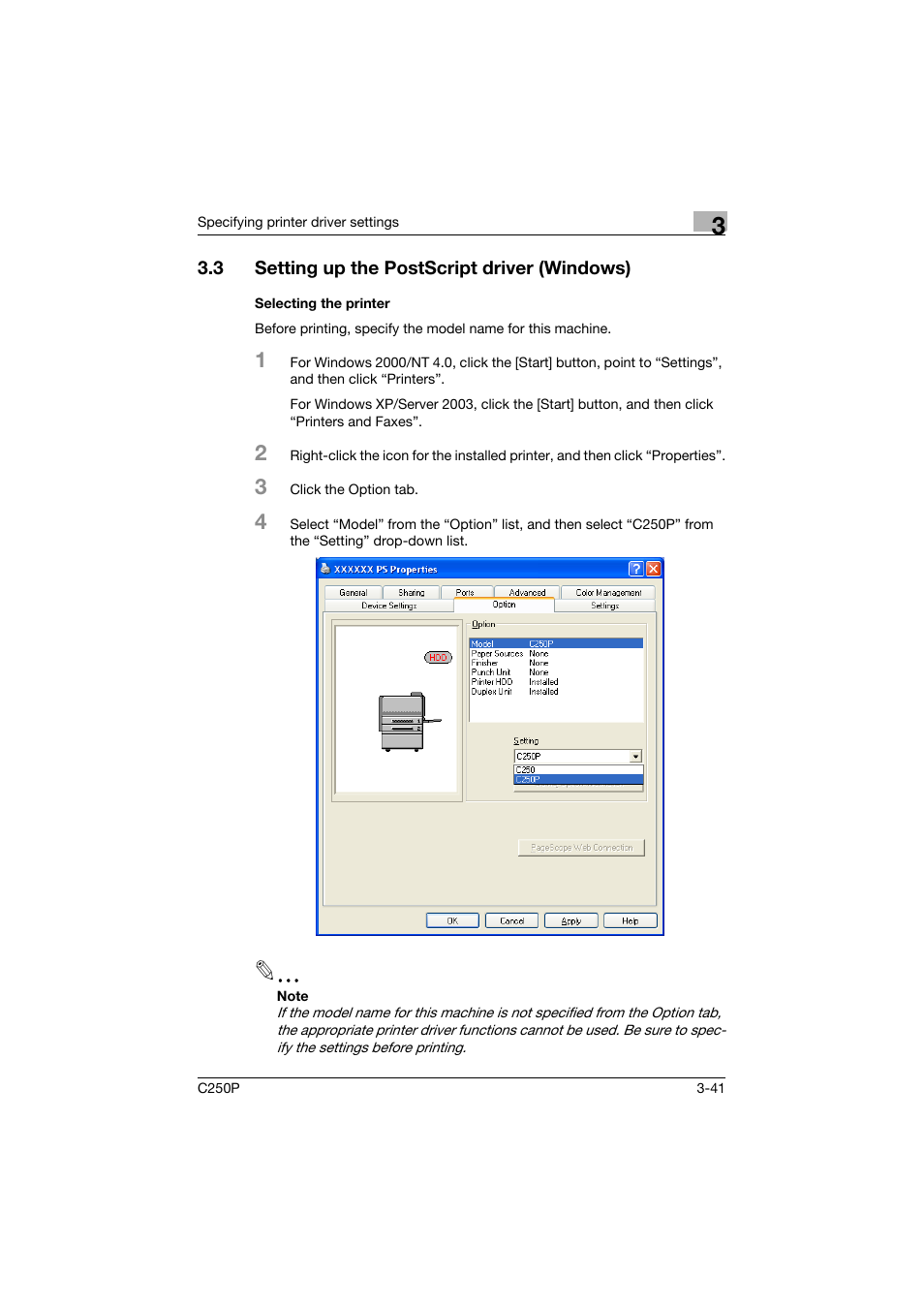 3 setting up the postscript driver (windows), Selecting the printer, Setting up the postscript driver (windows) -41 | Selecting the printer -41 | Konica Minolta C250P User Manual | Page 174 / 498