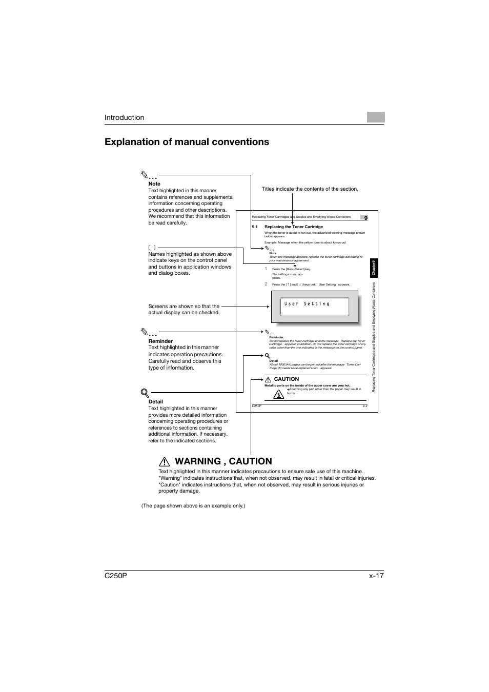 Explanation of manual conventions, Warning , caution | Konica Minolta C250P User Manual | Page 18 / 498