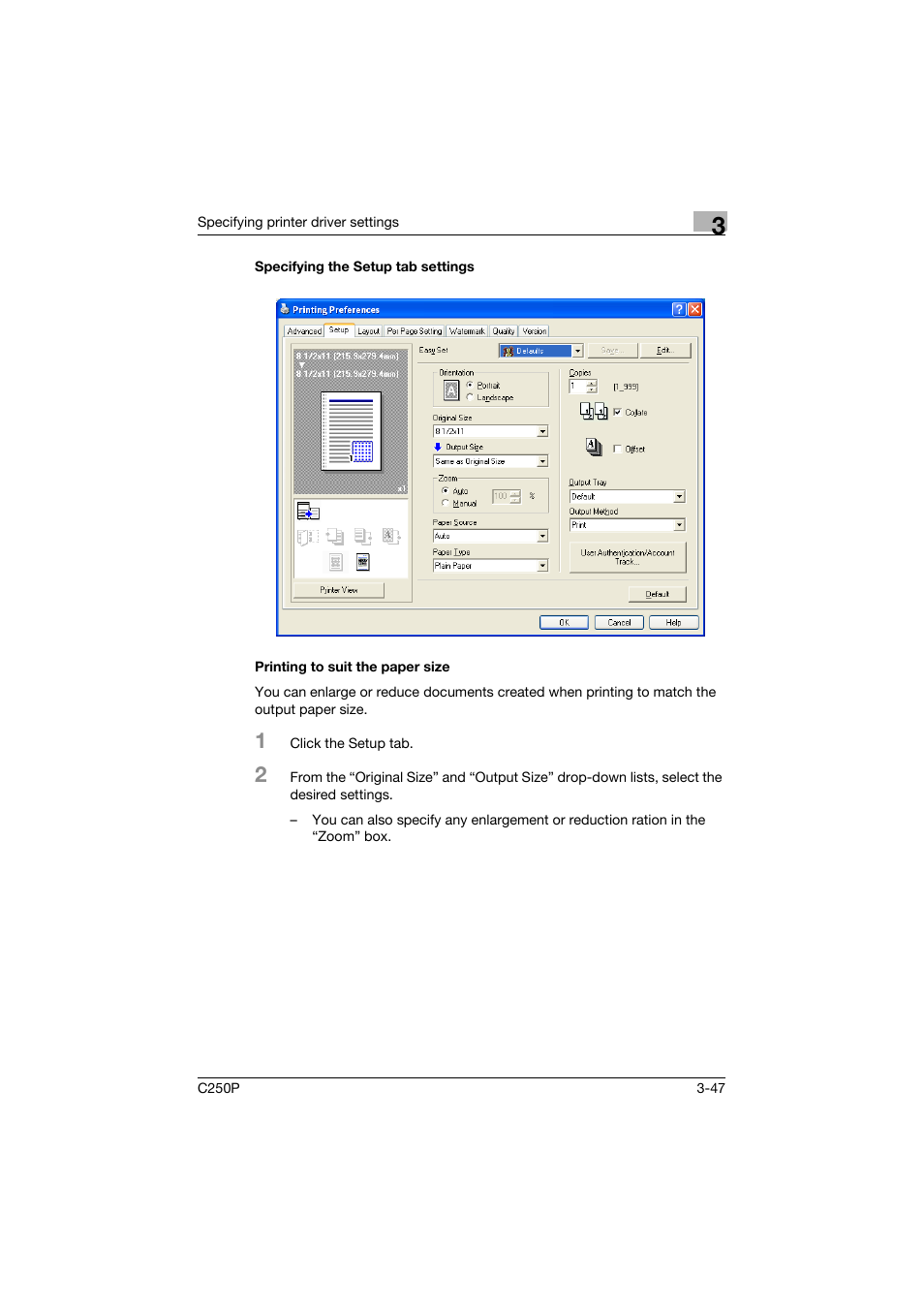 Specifying the setup tab settings, Printing to suit the paper size | Konica Minolta C250P User Manual | Page 180 / 498