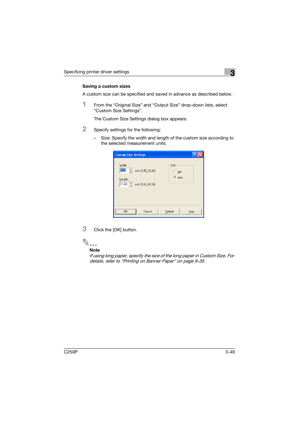 Saving a custom sizes, Saving a custom sizes -49 | Konica Minolta C250P User Manual | Page 182 / 498