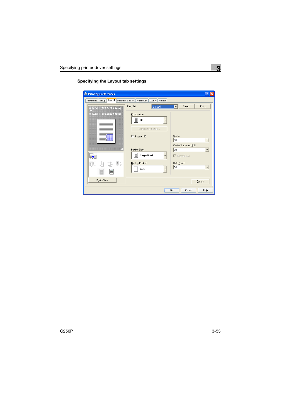 Specifying the layout tab settings, Specifying the layout tab settings -53 | Konica Minolta C250P User Manual | Page 186 / 498