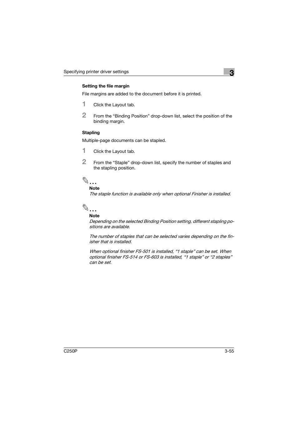 Setting the file margin, Stapling, Setting the file margin -55 stapling -55 | Konica Minolta C250P User Manual | Page 188 / 498