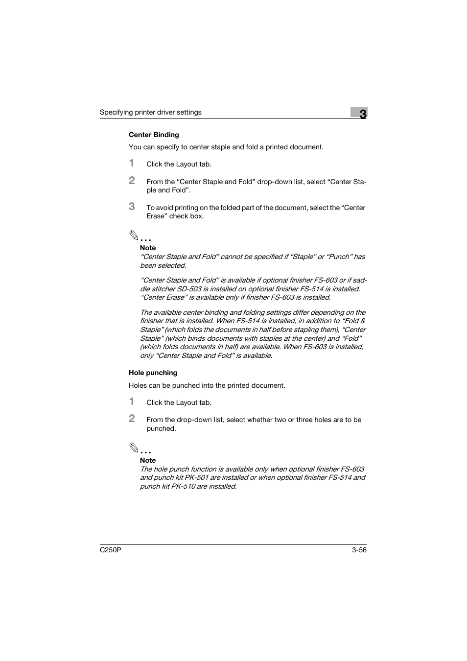 Center binding, Hole punching, Center binding -56 hole punching -56 | Konica Minolta C250P User Manual | Page 189 / 498