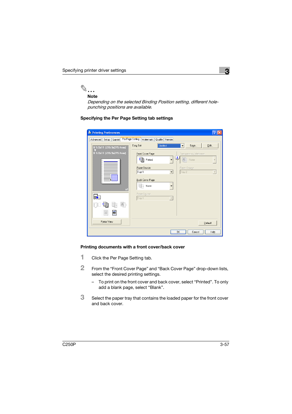 Printing documents with a front cover/back cover | Konica Minolta C250P User Manual | Page 190 / 498