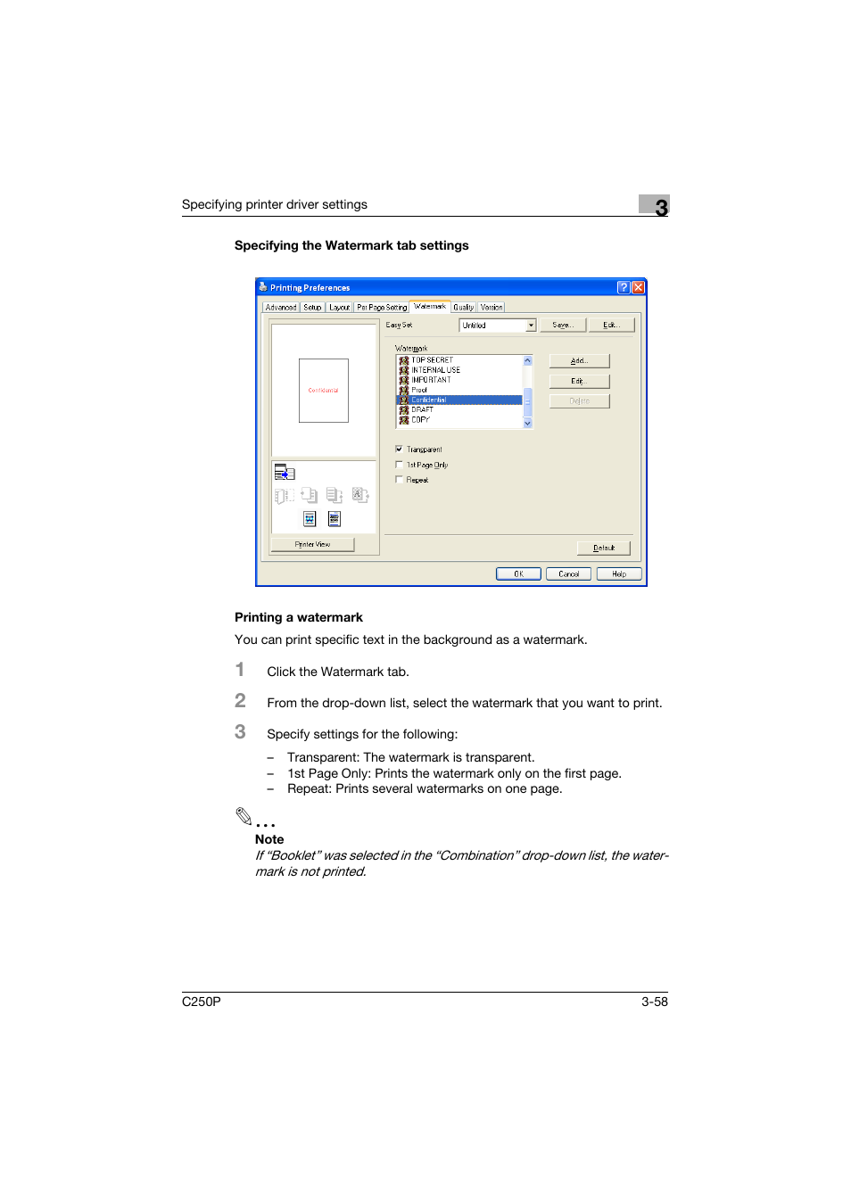 Specifying the watermark tab settings, Printing a watermark | Konica Minolta C250P User Manual | Page 191 / 498