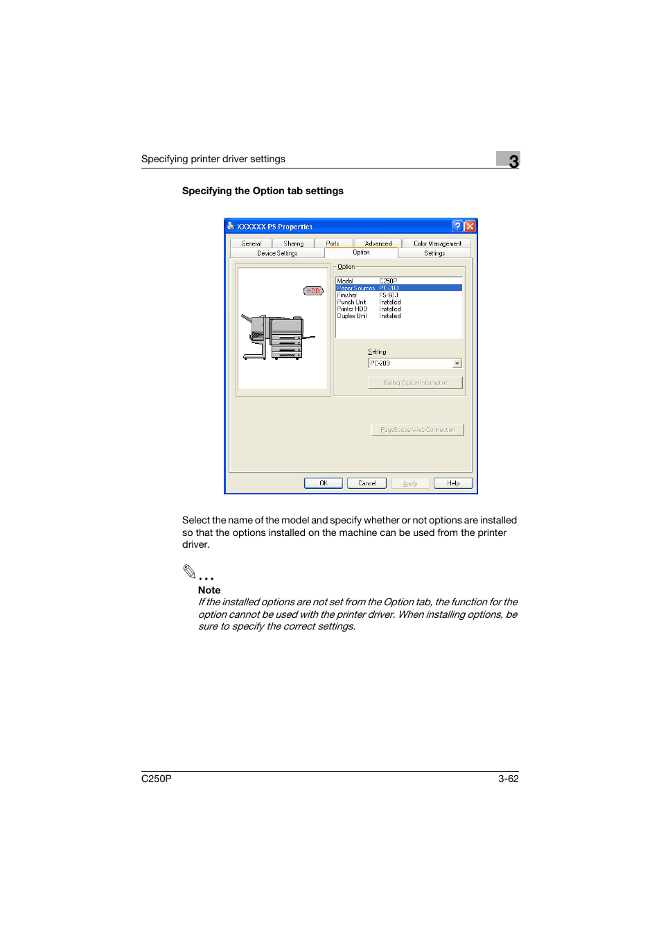 Specifying the option tab settings, Specifying the option tab settings -62 | Konica Minolta C250P User Manual | Page 195 / 498
