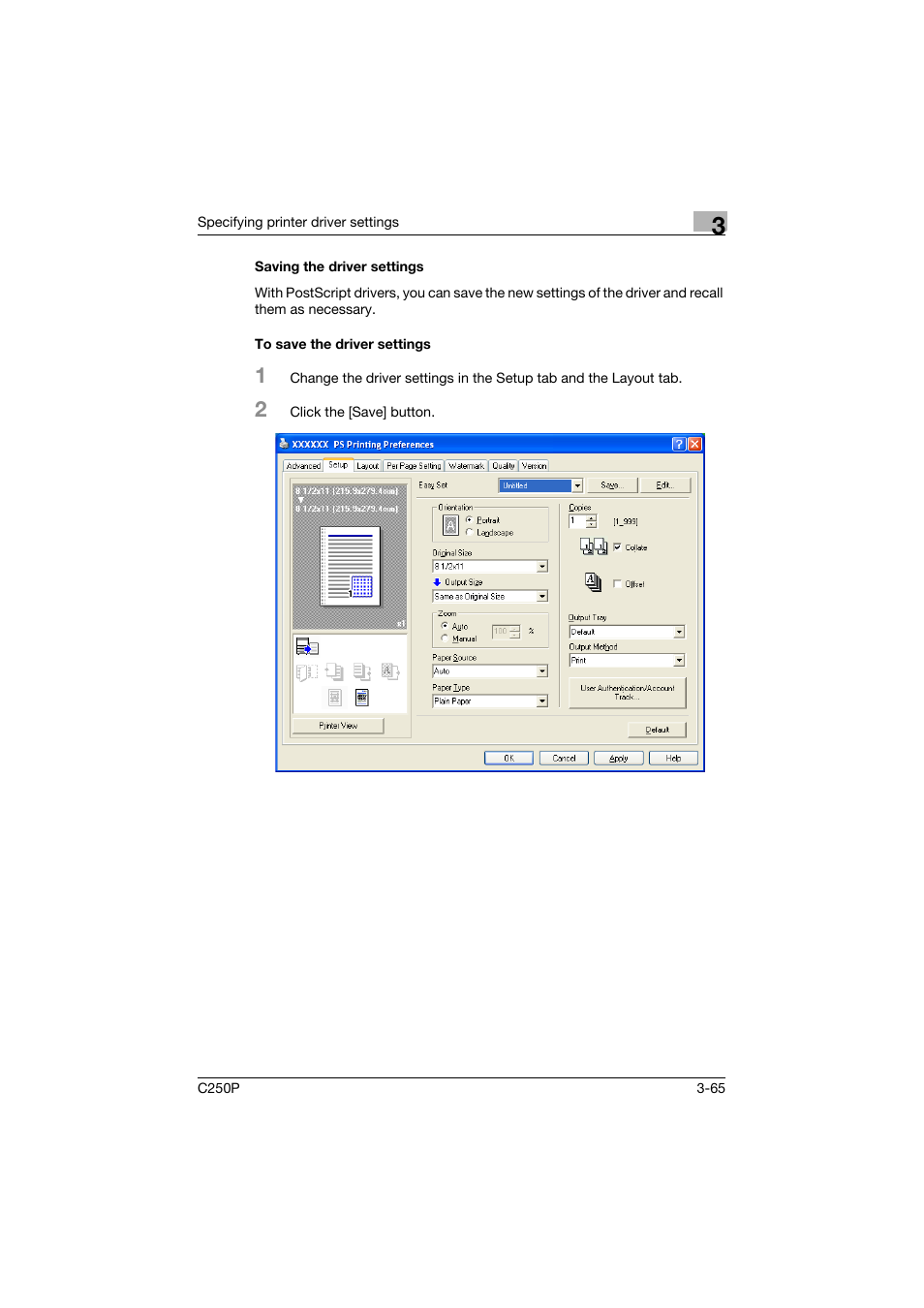 Saving the driver settings, To save the driver settings | Konica Minolta C250P User Manual | Page 198 / 498