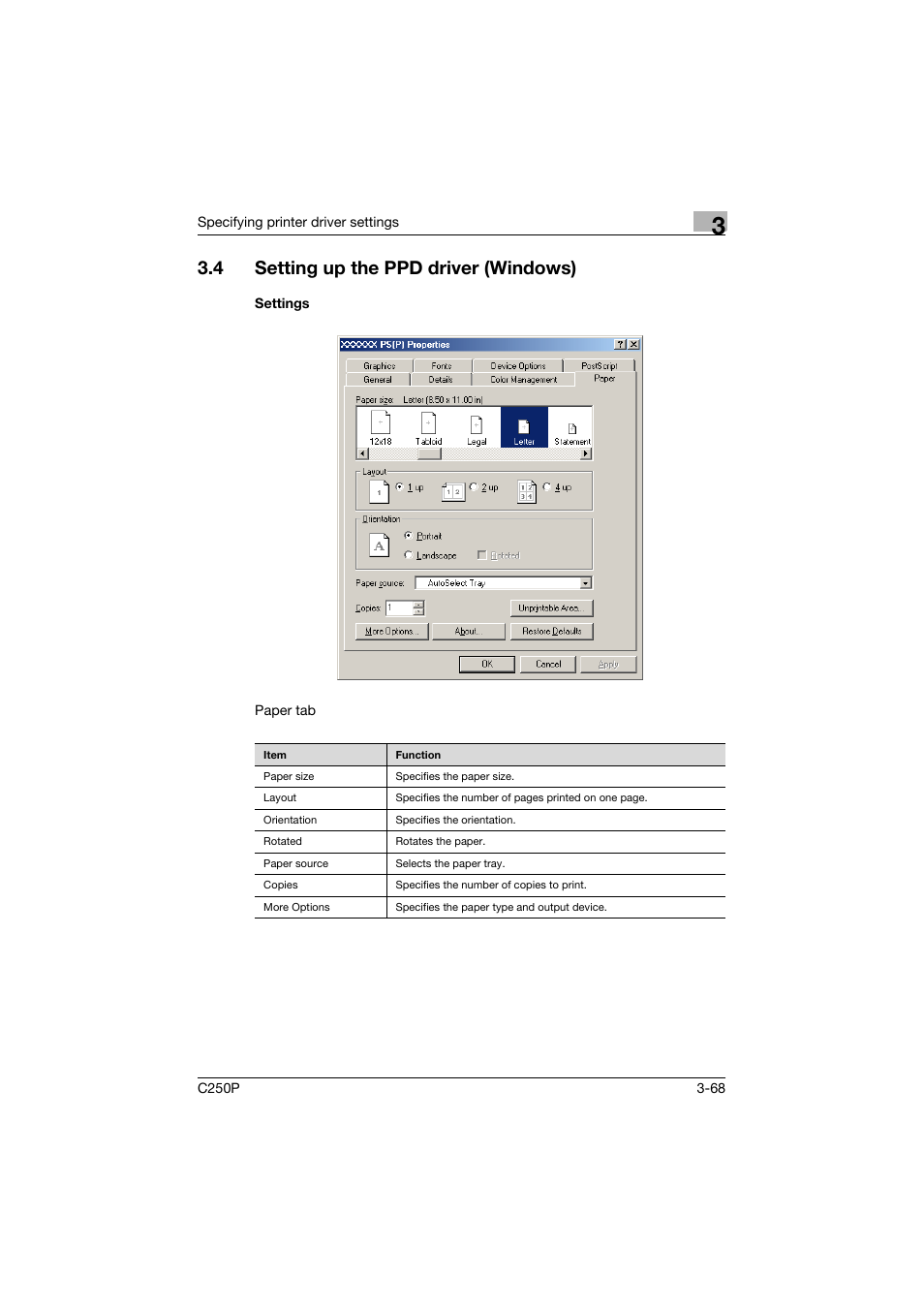 4 setting up the ppd driver (windows), Settings, Setting up the ppd driver (windows) -68 | Settings -68 | Konica Minolta C250P User Manual | Page 201 / 498