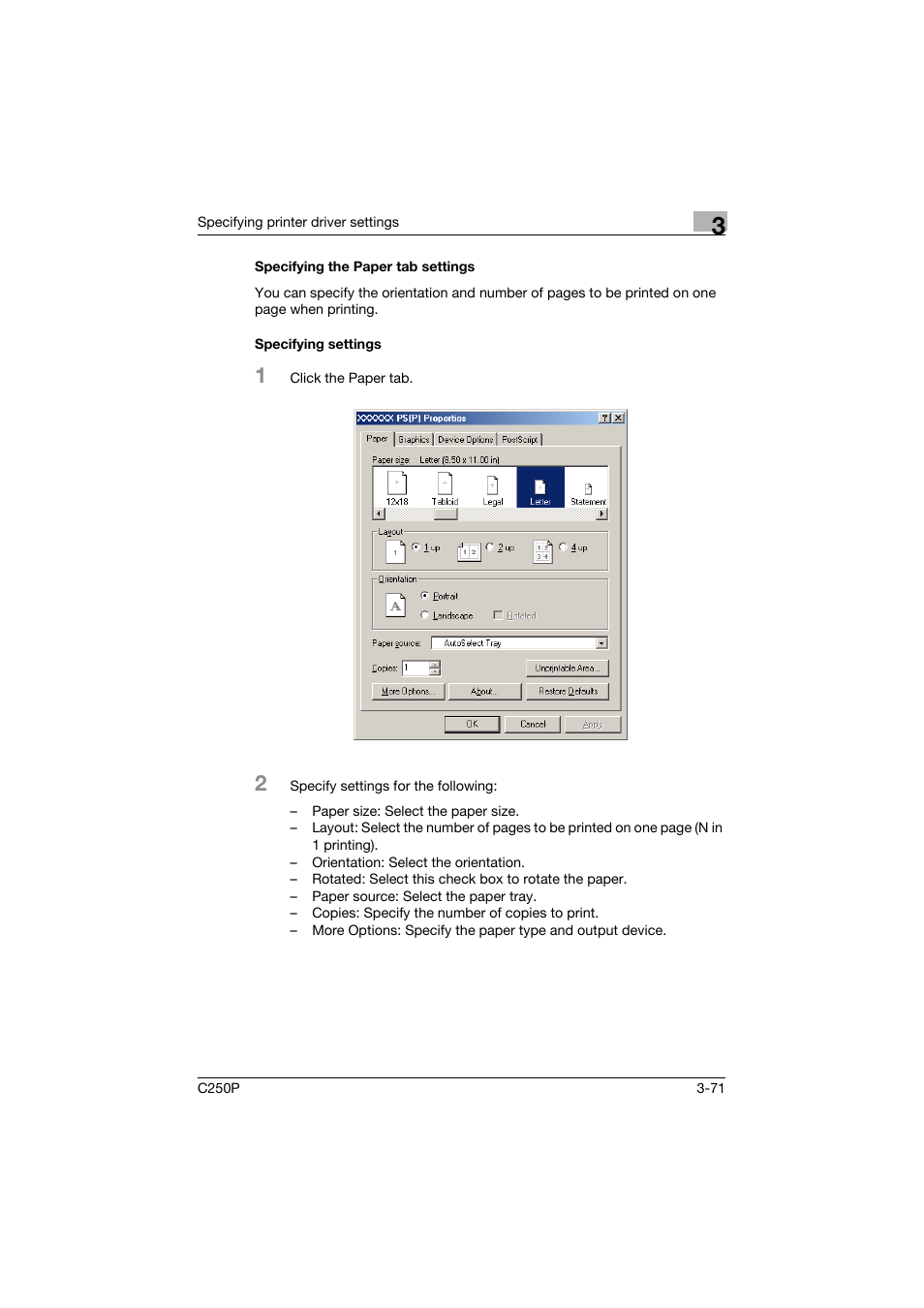 Specifying the paper tab settings, Specifying settings | Konica Minolta C250P User Manual | Page 204 / 498