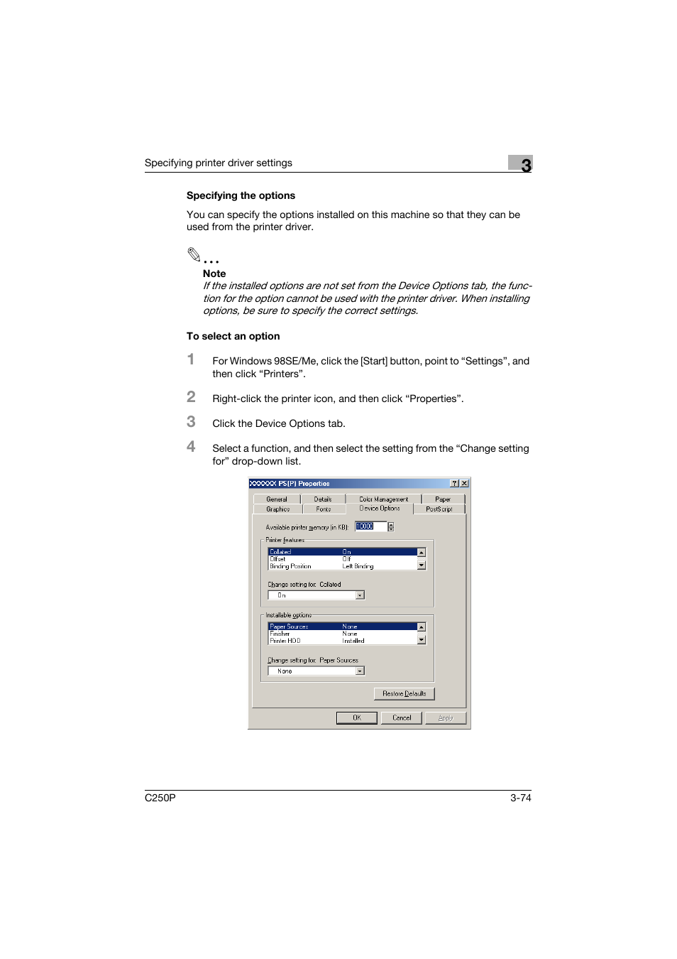 Specifying the options, To select an option, Specifying the options -74 to select an option -74 | Konica Minolta C250P User Manual | Page 207 / 498