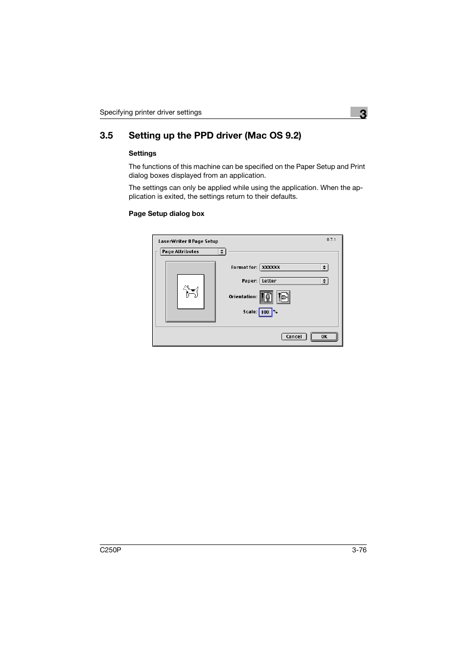 5 setting up the ppd driver (mac os 9.2), Settings, Setting up the ppd driver (mac os 9.2) -76 | Konica Minolta C250P User Manual | Page 209 / 498