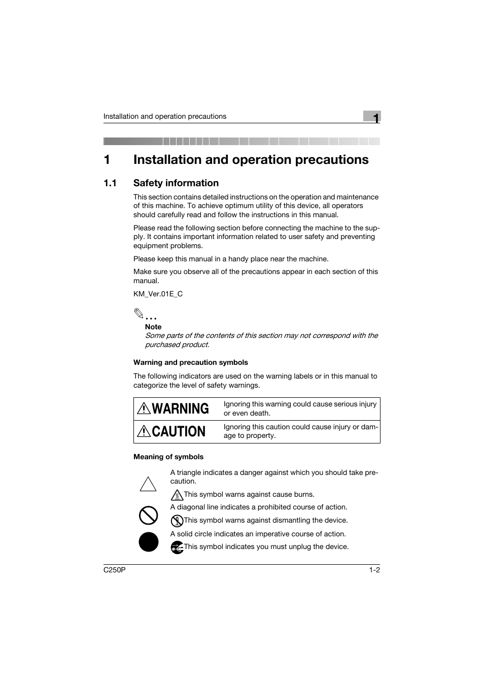 1 installation and operation precautions, 1 safety information, Warning and precaution symbols | Meaning of symbols, Installation and operation precautions, Safety information -2, Warning, Caution, 1installation and operation precautions | Konica Minolta C250P User Manual | Page 21 / 498