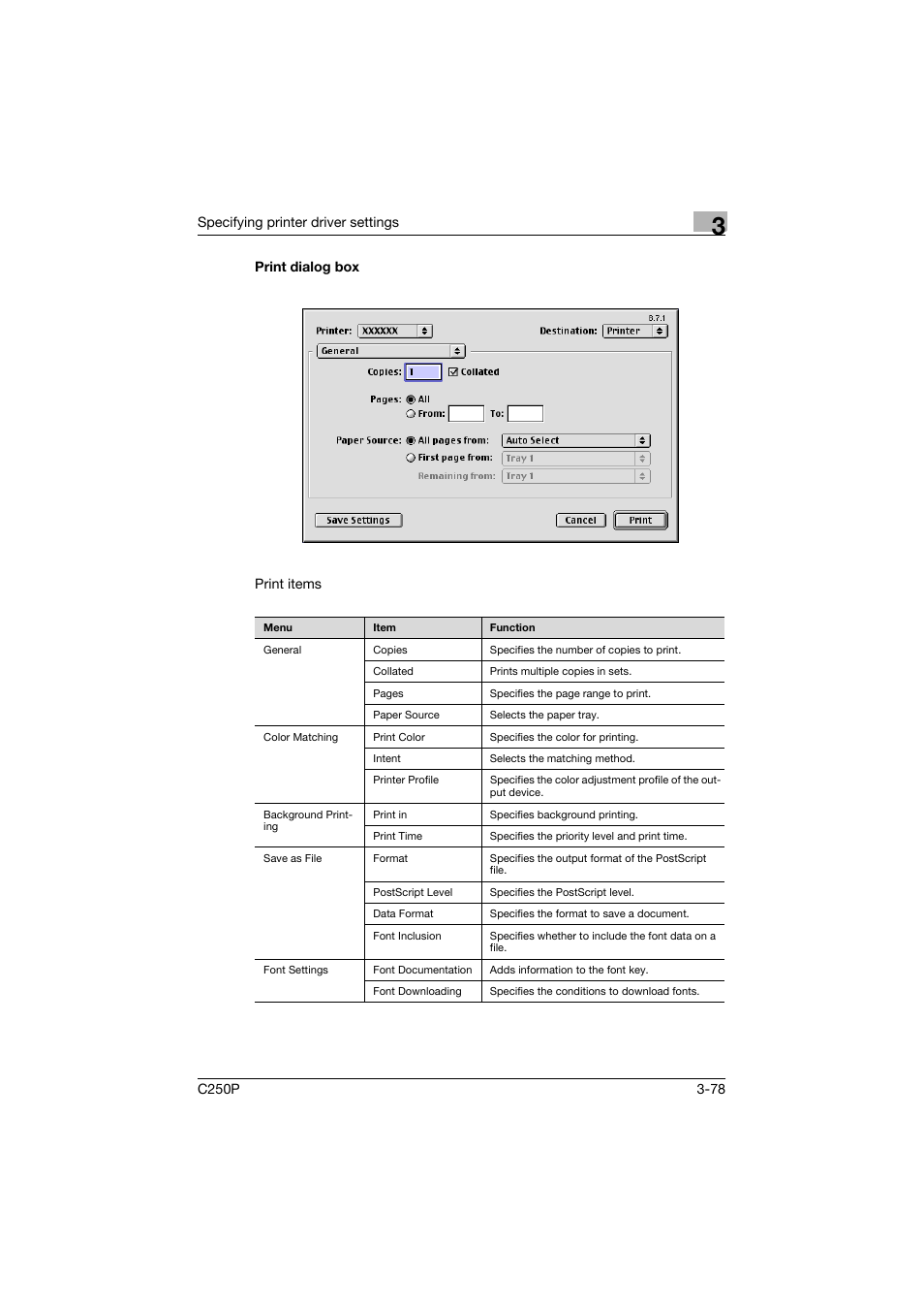 Print dialog box, Print dialog box -78 | Konica Minolta C250P User Manual | Page 211 / 498
