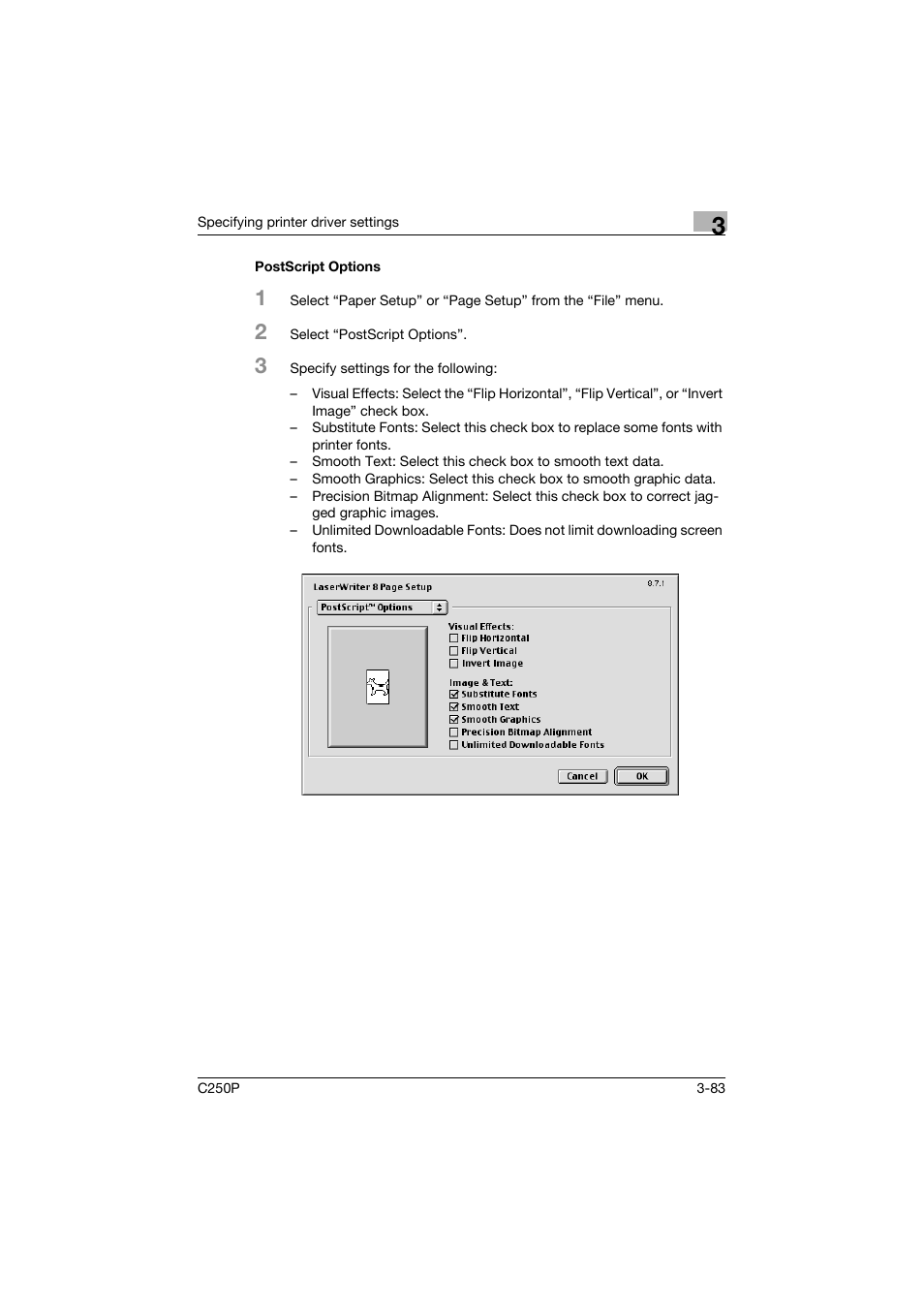 Postscript options, Postscript options -83 | Konica Minolta C250P User Manual | Page 216 / 498