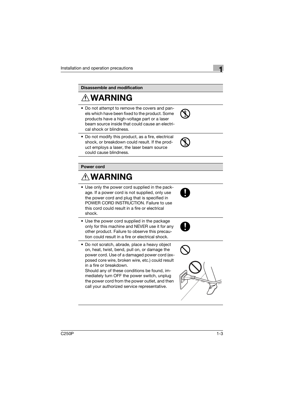 Warning | Konica Minolta C250P User Manual | Page 22 / 498