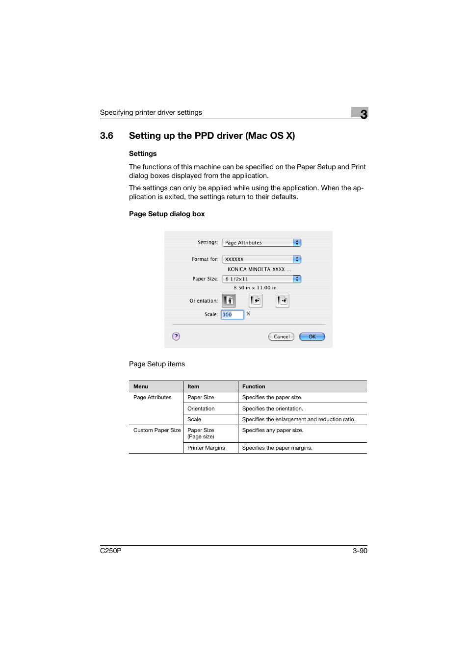 6 setting up the ppd driver (mac os x), Settings, Setting up the ppd driver (mac os x) -90 | Konica Minolta C250P User Manual | Page 223 / 498