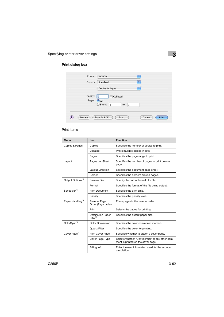 Print dialog box, Print dialog box -92 | Konica Minolta C250P User Manual | Page 225 / 498