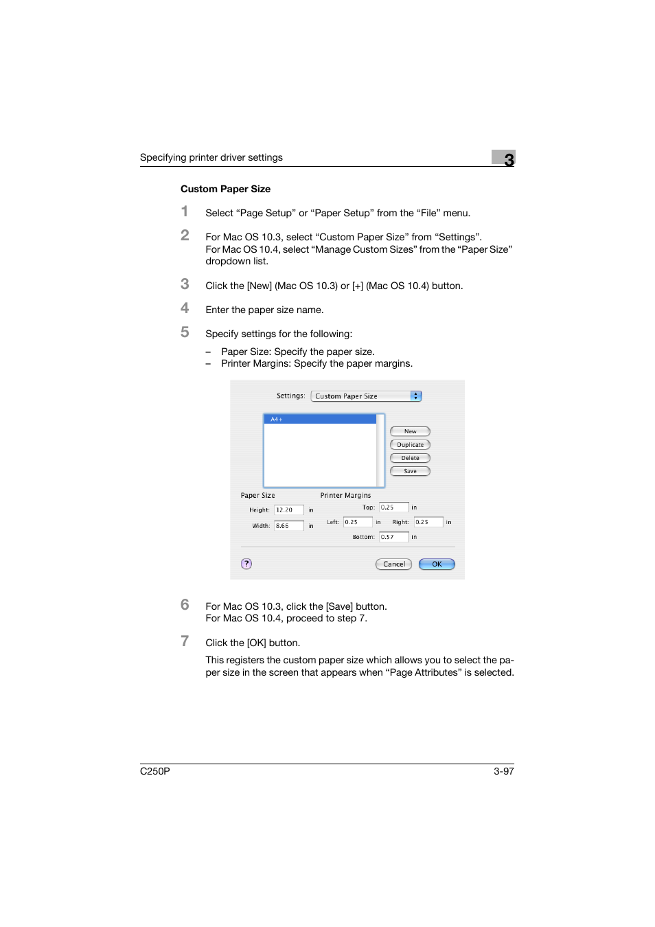 Custom paper size, Custom paper size -97 | Konica Minolta C250P User Manual | Page 230 / 498