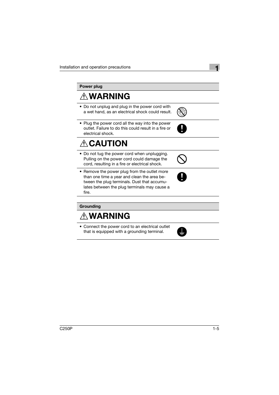 Warning, Caution | Konica Minolta C250P User Manual | Page 24 / 498
